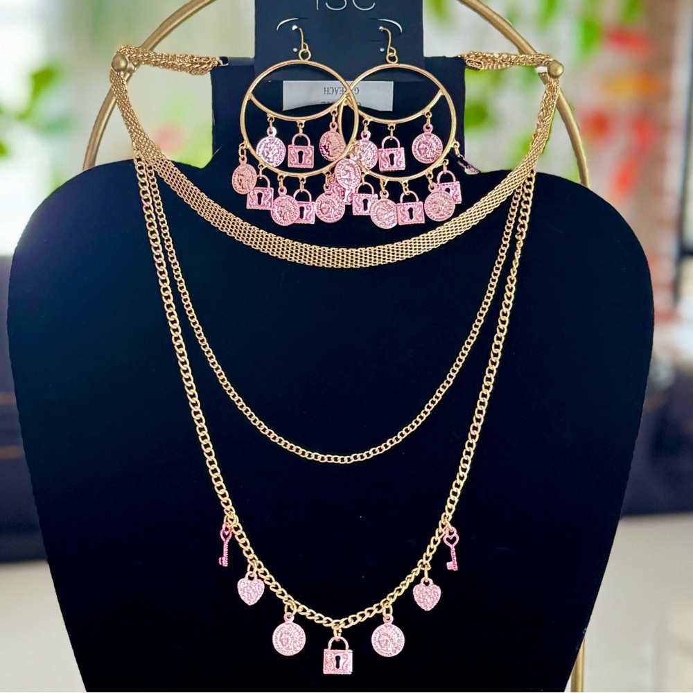 Gold and Pink Charm Layered Necklace and Earrings Set